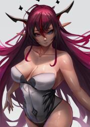 angel angel_girl blue_eyes breasts demon demon_girl elf_ears heterochromia hololive hololive_english hololive_english_-promise- horn horns irys irys_(hololive) leotard myth1c nephilim nipple_slip pink_hair pointy_ears red_hair thick_thighs virtual_youtuber wide_hips