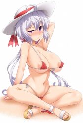 ahoge alternate_costume areola_slip areolae arm_up bangs bare_legs bare_shoulders bikini blush breasts closed_mouth collarbone covered_nipples crossed_legs eyebrows_visible_through_hair female groin hat hat_ribbon highres large_breasts light_purple_hair long_hair looking_at_viewer low_twintails micro_bikini navel purple_eyes purple_hair red_bikini ribbon sandals scrunchie senki_zesshou_symphogear side-tie_bikini simple_background sitting skindentation solo string_bikini sweat swimsuit twintails white_background yoshi_tama yukine_chris