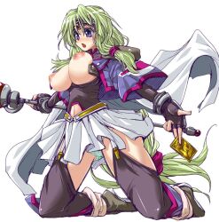 blue_eyes blush breasts_out card fantasy female fingerless_gloves garter_straps green_hair haou_taikei_ryuu_knight hirowa_nagi kneeling open_mouth paffy_pafuricia solo staff white_background