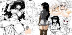 black_hair blush boots clothing drool druaga_no_tou female_focus headwear hirowa_nagi ki_(druaga) large_breasts long_hair looking_back multiple_angles one_breast_out partially_colored pubic_hair red_eyes rock smile staff stockings stomach_bulge vaginal_penetration