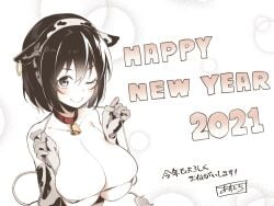 2021 ;) animal_ears animal_print asutora bell black_hair blush breasts brown_eyes chinese_zodiac closed_mouth collar collarbone commentary_request cow_ears cow_print cow_tail elbow_gloves fake_animal_ears female gloves japanese_text large_breasts looking_at_viewer neck_bell one_eye_closed original red_collar short_hair smile solo tail text translated upper_body year_of_the_ox