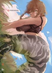 1girls all_fours amane_suzuha ass ass_focus bbadogg big_ass big_butt braided_hair brown_hair female female_only huge_ass large_breasts light-skinned_female outdoors patreon solo steins;gate steins;gate_0 thick_thighs twin_braids workout_clothes yellow_eyes yoga_pants