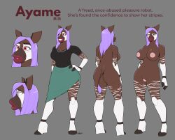 absurd_res anthro ayame_(character) badroy bottomwear clothing eyewear female giraffid glasses hair hi_res high_heels lips long_hair machine mammal okapi purple_hair robot skirt solo synthetic thick_lips