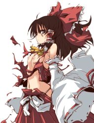 ahoge ascot bare_shoulders battle_damage black_eyes black_hair bow breasts brown_eyes brown_hair clothing clothing_damage detached_sleeves expressionless eyebrows_visible_through_hair female hair_ornament hair_tubes hairbow hirowa_nagi lingerie long_hair midriff navel nipples no_bra pantsu reimu_hakurei simple_background small_breasts solo torn_clothes touhou underwear white_background white_panties