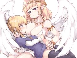 1futa 1girls angel angel_wings armlet black_legwear blonde_hair blue_eyes blush bottomless braid breast_sucking breasts censored cleavage closed_mouth clothed clothing duo earrings female french_braid frfr fully_clothed futa_with_female futanari handjob highres human humanoid jewelry lactation large_breasts light-skinned_female light-skinned_futanari light_skin long_ears long_hair medium_breasts medium_hair mosaic_censoring multiple_girls necklace nursing_handjob original pale_skin partially_clothed penis pointy_ears purple_eyes simple_background smile thighhighs white_background wings