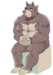 2019 anthro balls belly black_nose canid canine canis collar domestic_dog flaccid genitals hi_res humanoid_hands kemono male mammal moobs nipples overweight overweight_male penis sitting solo ujishiyo