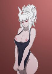 1girls apron apron_only areolae big_breasts breasts demon_horns female female_focus female_only female_solo helltaker looking_at_viewer lucifer_(helltaker) naked naked_female nipples nude nude_female ponytail pulling_shirt red_eyes solo solo_female thighs white_hair ydraw4fun