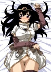 belt belt_buckle black_hair bottomless censored clothing detached_sleeves druaga_no_tou female hirowa_nagi ki_(druaga) large_breasts long_hair lying no_panties pink_eyes pubic_hair solo spoon stockings thighhighs