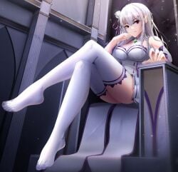 assertive dominant emilia_(re:zero) feet female legs_crossed re:zero_kara_hajimeru_isekai_seikatsu seductive seductive_look seductive_smile silver_hair smirk smug thick_thighs toes