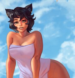 1girls 2022 akeowi animal_ears big_breasts black_hair breasts cat_ears covered_breasts covered_nipples female female_focus female_only female_solo kali_belladonna looking_at_viewer milf rwby short_hair smile smiling smiling_at_viewer solo solo_female towel towel_only