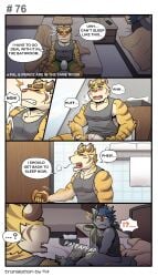 anthro bed blush bulge canid canine canis clothed clothing comic english_text erection erection_under_clothing felid furniture gym_pals h155296 hi_res male mammal masturbation page_76 pal_(gym_pals) pantherine penile penile_masturbation prince_(gym_pals) tiger underwear wolf