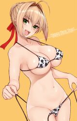 1girls ahoge animal_print bangs bare_shoulders bikini blonde_hair blush braid breasts cleavage cocq_taichou collarbone covered_nipples cow_print fate/extra fate_(series) female french_braid green_eyes hair_between_eyes hair_bun hair_intakes hair_ribbon happy_new_year large_breasts long_hair looking_at_viewer navel nero_claudius_(fate) nero_claudius_(fate)_(all) nero_claudius_(fate/extra) new_year open_mouth red_ribbon ribbon single_hair_bun smile swimsuit thighs untied untied_bikini yellow_background