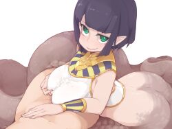 1boy ass bangs black_hair blunt_bangs bracelet breasts bulge bulge_through_clothing cum cum_in_clothes cum_through_clothes cum_through_clothing egyptian_clothes ejaculation_under_clothes female frfr green_eyes hand_on_another's_stomach highres implied_paizuri jewelry lamia large_breasts looking_at_viewer monster_girl navel original outercourse paizuri paizuri_under_clothes penis_under_clothes pointy_ears self_fondle short_hair sidelocks simple_background smile smug straight titfuck_under_clothes usekh_collar white_background