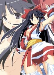 areolae armpits black_hair blue_eyes bottomless bow breasts erect_nipples female female fingerless_gloves gloves hirowa_nagi long_hair medium_breasts nakoruru nipples open_clothes puffy_areolae red_bow samurai_shodown torn_clothes very_long_hair