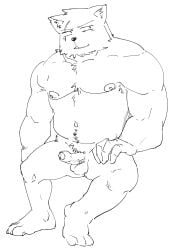 2020 absurd_res anthro balls belly brooz canid canine erection genitals hi_res humanoid_genitalia humanoid_hands humanoid_penis ishuzoku_reviewers kemono male mammal moobs navel nipples overweight overweight_male penis sitting solo solo_male ujishiyo