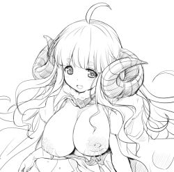 anila_(granblue_fantasy) curled_horns female granblue_fantasy hirowa_nagi horns lactation large_breasts monochrome solo transparent_background