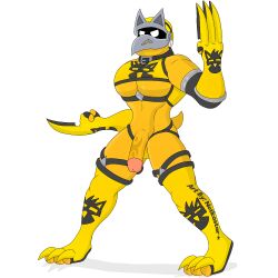 anthro armor belt claw_(weapon) clothed clothing collar gauntlets genitals glaring gloves handwear headgear helmet koopa koopa_troopa male male_only mario_(series) melee_weapon muscular nintendo notkastar pecs pose scalie signature solo straps tattoo text transparent_background video_games weapon zatch_(character)