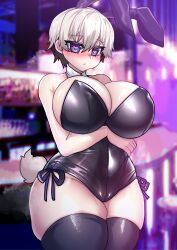 1girls blush bunny_ears bunnysuit cleavage female heart-shaped_pupils huge_breasts lewdweather osiimi short_hair thick_thighs tomboy uzaki-chan_wa_asobitai! uzaki_hana white_hair