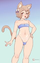 1boy animal_ears bikini brown_hair cat_ears cat_tail dakunart eye_contact felix_argyle femboy girly looking_at_viewer male male_only re:zero_kara_hajimeru_isekai_seikatsu small_penis solo standing tail thong