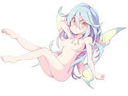 arm_up breasts butterfly_wings closed_mouth completely_nude fairy female frfr full_body hair_between_eyes highres light_blue_hair light_blush long_hair looking_at_viewer medium_breasts navel nipples nude orange_eyes original simple_background smile solo white_background wings