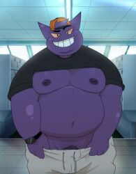 2022 absurd_res anthro belly bottomwear clothing gengar genitals hat headgear headwear hi_res humanoid_hands kemono male male_only moobs nintendo nipples overweight overweight_male pants penis pokémon_(species) pokemon purple_body qqmelon888 shirt solo topwear undressing video_games