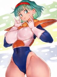 1girls aqua_hair armor blue_eyes breasts bulma_briefs bulma_briefs_(frieza_saga) clothed covered_navel covered_nipples cowboy_shot dragon_ball dragon_ball_z female female_only fumio_(rsqkr) gloves hairband large_breasts leotard looking_at_viewer multicolored_background nipples_visible_through_clothing saiyan_armor short_hair shoulder_armor smile solo thick_thighs thighs vegeta_(cosplay) voluptuous white_gloves