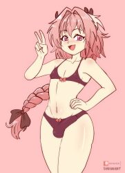 1boy astolfo_(fate) bikini braided_hair bulge dakunart eye_contact fate/stay_night fate_(series) femboy girly hair_ribbon long_hair looking_at_viewer male male_only peace_sign pink_eyes solo standing