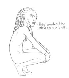 2022 abs alien barefoot braided_hair english_text female gwyndala humanoid monochrome navel nude panzer side_view sketch small_breasts solo squatting star_trek star_trek_prodigy vau_n'akat_(species) white_background