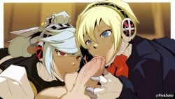 2girls aegis_(persona) aigis_(persona) atlus blonde_hair blowjob blue_eyes blue_hair collaborative_fellatio digital_media_(artwork) fellatio handjob just_the_tip labrys labrys_(persona) makoto_yuki megami_tensei multiple_girls oral oral_sex orgy persona persona_3 persona_4_arena pinkseito red_eyes robot robot_girl shin_megami_tensei sucking_testicles sucking_tip teasing unseen_male_face