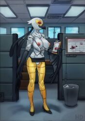 accipitriform aggressive_retsuko anthro avian bird bottomwear breasts clipboard clothed clothing feathers female genitals hi_res high_heels honi_do ineffective_clothing looking_at_viewer microskirt miniskirt nipples no_underwear non-mammal_breasts office_clothing office_lady pussy sanrio secretary_bird secretary_washimi skirt skirt_too_short smooth_skin unprofessional_behavior white_body