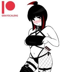 aka_(gray_scaling) black_hair collar embarrassed gray_scaling_(artist) gray_scaling_(copyright) leggings looking_at_viewer red_highlights solo_female