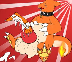 affront_to_nature beige_skin charmeleon claws cock_vore collar color fire licking male male_only multiple_males nintendo nude orange_skin penis pokémon_(species) pokemon saliva sitting tagme tail tail_fire tear tongue tongue_out vore