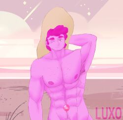 1boy abs absurd_res aged_up armpit_hair beach big_breasts cartoon_network facial_hair fanart gemstone grown_up hairy hat hunk luxoh male male_only nipples pink pink_steven solo solo_male steven_quartz_universe steven_universe steven_universe:_save_the_light steven_universe:_the_movie steven_universe_future