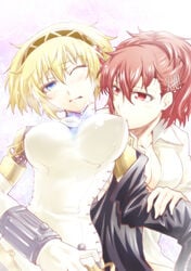 aegis_(persona) aigis_(persona) android blonde_hair blue_eyes breast_sucking breasts brown_hair cleavage female female_protagonist_(persona_3) hair_ornament hairclip heroine kotone_shiomi megami_tensei multiple_girls persona persona_3 persona_3_portable red_eyes segami_daisuke short_hair through_clothes yuri