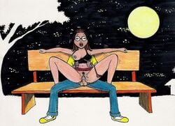 1boy 1girls breasts_out clothed_sex colored latina long_hair monica's_gang moon night night_sky panties_around_leg park_bench pleasure_face public public_sex sex tina_(tdm) turma_da_monica vaginal_penetration