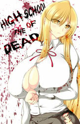 1girls blonde_hair blood breasts bursting_breasts cleavage female highschool_of_the_dead huge_breasts large_breasts long_hair ribbon shizuka_marikawa solo syroh torn_clothes yellow_eyes