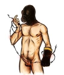 1boy barbed_wire cuts erection gas_mask gloves male male_only nude_male penis pubic_hair pyro pyro_(team_fortress_2) simple_background solo standing team_fortress_2 testicles wire your_disco