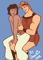 2008 2boys aladdin aladdin_(character) arab_male black_hair black_hair_bottom company_connection crossover disney domination erection erection_under_clothes frenchie gay greek_mythology hair heart hercules_(character) hercules_(disney) light_hair_on_dark_hair male male_only red_hair red_hair_on_black_hair red_hair_top sitting sitting_on_lap topless tunic yaoi