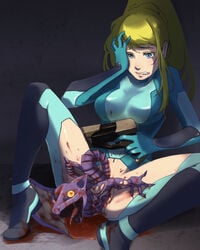 alien anthro_only baby bad_end birth biting_lip blood bodysuit crotch_cutout crying dragon female female_protagonist game_over human metroid nintendo pussy ridley_(metroid) samus_aran sesyamo tears zero_suit zero_suit_samus