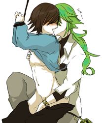 blindfold blush bondage gay green_hair hilbert_(pokemon) kissing male male_only n_(pokemon) pokemon pokemon_bw rope