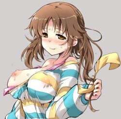 blush breast_slip breasts brown_eyes brown_hair dress female female hirowa_nagi idolmaster idolmaster_cinderella_girls large_breasts long_hair nipples one_breast_out_of_clothes perky_breasts solo striped striped_dress striped_sweater sweater totoki_airi