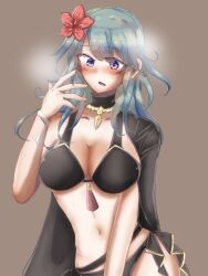 1girls alternate_costume alternate_version_available bikini black_bikini black_swimsuit blush breasts byleth_(fire_emblem) byleth_(fire_emblem)_(female) byleth_(summer)_(fire_emblem)_(female) cape cleavage crying crying_with_eyes_open embarrassed female_only fire_emblem fire_emblem:_three_houses fire_emblem_heroes flower hair_flower heavy_breathing large_breasts medium_hair mumei_(artist) nintendo official_alternate_costume open_mouth red_flower solo swimsuit teal_hair