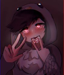 1boy black_hair blush breath cum cum_in_mouth digital_media_(artwork) duxo ecchi_kuruu gay heart-shaped_pupils pink_eyes smile sweatdrop tongue_out v_sign white_skin youtube_hispanic youtuber_boy