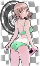 1girls ass black-rayal blush bra breasts danganronpa danganronpa_2:_goodbye_despair female_only green_underwear hair_ornament nanami_chiaki panties pink_eyes pink_hair straight_hair thick_ass underwear_only