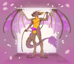 1boy acaris_(character) animal_genitalia animal_penis anthro balls big_balls big_penis canine_penis chains claws dragon genitals gold_(metal) gold_jewelry holding_chain holding_object jewelry looking_at_viewer male male_only penis purple_penis solo wings zowato