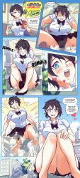 angelgts blue_eyes blush bra breasts building clothing comic destruction dialogue female female_only giantess growth huge_breasts panties short_hair skirt solo solo_female thick_thighs upskirt