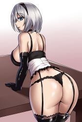 1girls ass black_gloves blue_eyes breasts choker elbow_gloves female garter_belt garter_straps gloves hairband highres huge_ass leaning_forward leonart looking_at_viewer looking_back mole mole_under_mouth nier nier:_automata panties short_hair sideboob simple_background smile solo thighhighs underwear white_hair yorha_2b