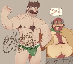 <3_eyes 2boys abs absurd_res anthro bara beard blush body_hair bowser brown_hair bulge chest_hair chest_tuft clothed clothing duo facial_hair flexing gay green_body hair hairy heart heart_eyes hi_res horn human human_on_anthro interspecies koopa luigi male male/male male_only mammal mario_(series) moustache multicolored_body musclegut muscular muscular_anthro muscular_human muscular_male nintendo nipples pecs red_hair scalie shadowmatamori shirtless signature tongue tongue_out tuft underwear underwear_only video_games yellow_body