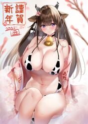 1girls 2021 animal_ears animal_print azur_lane bangs bell bikini blush breasts brown_hair chinese_zodiac choker cleavage collarbone commentary_request cow_ears cow_girl cow_horns cow_print cowbell eyebrows_visible_through_hair female flower hair_flower hair_ornament hair_ribbon happy_new_year highres horns huge_breasts japanese_clothes kashino_(azur_lane) kimono light-skinned_female light_skin long_hair looking_at_viewer navel neck_bell neco_meito_(meito_renharm) new_year open_clothes open_kimono purple_eyes ribbon sitting solo swimsuit year_of_the_ox