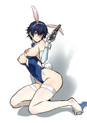 1girls ahegao00 ahemaru armed ass atlus blue_hair bunny_ears bunnysuit exposed_thighs fishnets persona persona_4 shirogane_naoto short_hair solo thin_female thin_waist tomboy unhappy_female very_short_hair